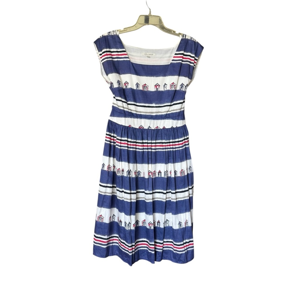 Vintage Laura Ashley Dress Sz 8 Fit and Flare Sleeveless Cotton Nautical Striped